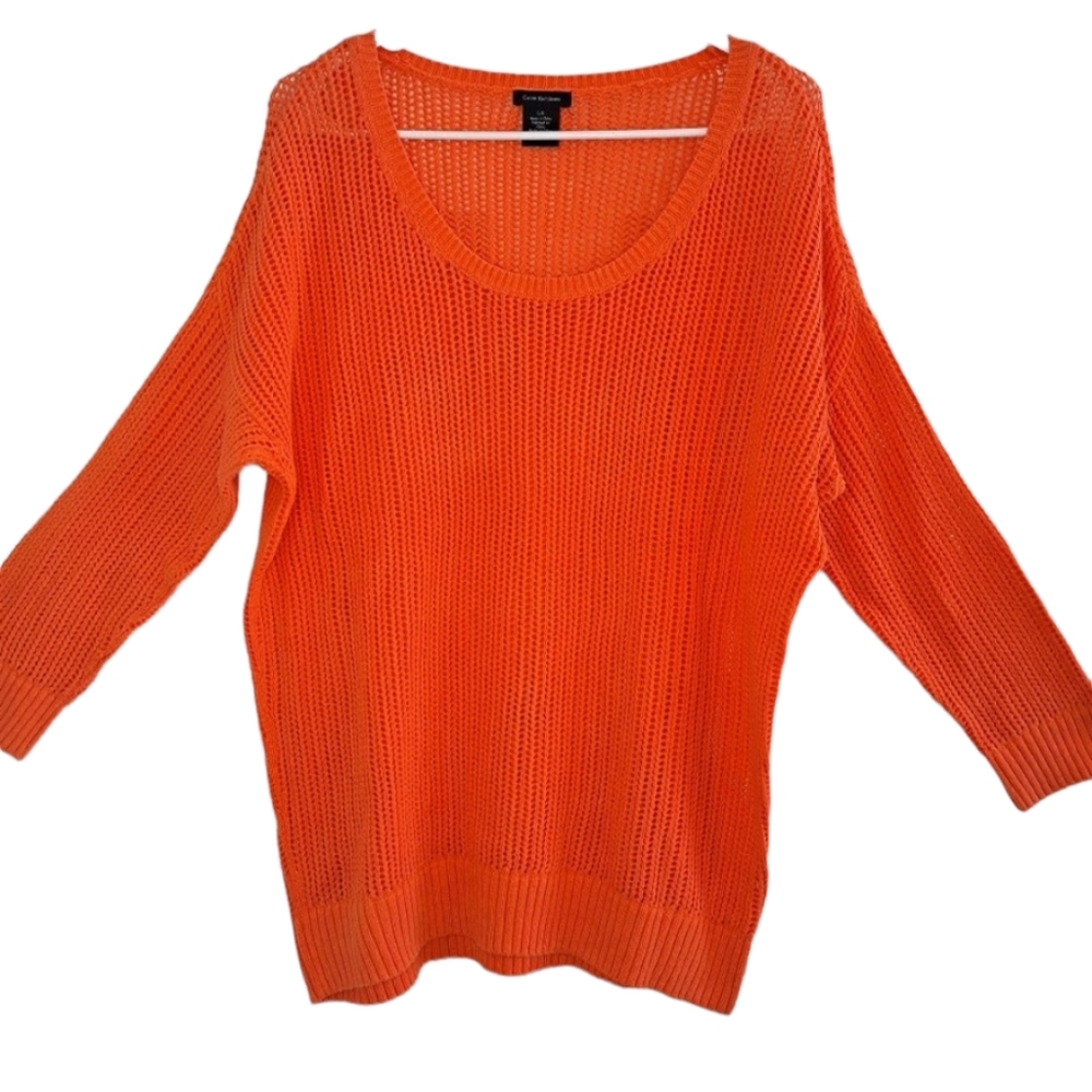 Calvin Klein Jeans Coral Orange Open Weave Sweater Size Large